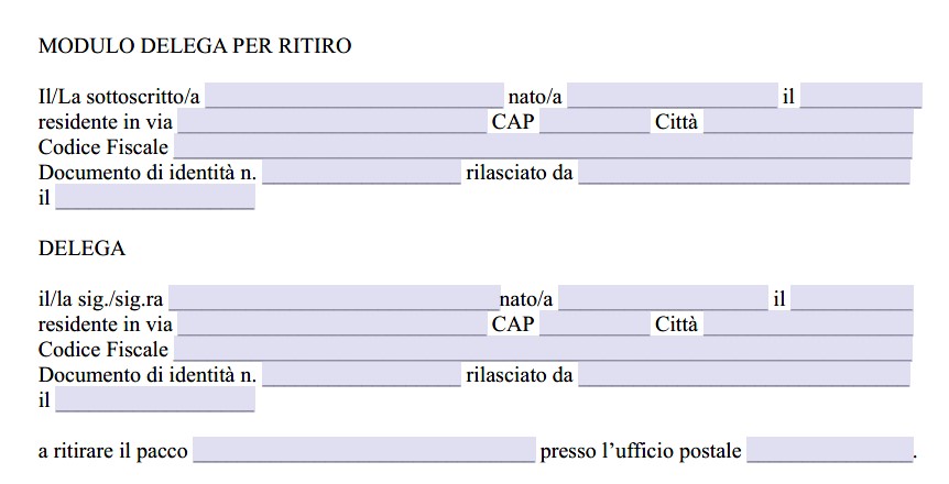 Modulo per Delega Ritiro Pacco Poste Italiane Word e PDF