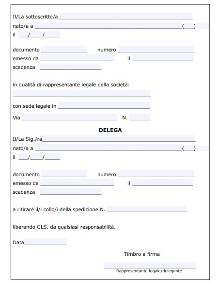 Delega Ritiro Pacco GLS Word e PDF - Modulo