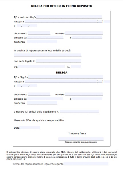 Modulo Delega Ritiro Pacco SDA Word e PDF