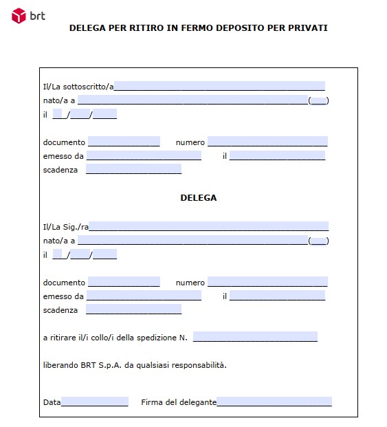 Delega Ritiro Pacco BRT Word e PDF