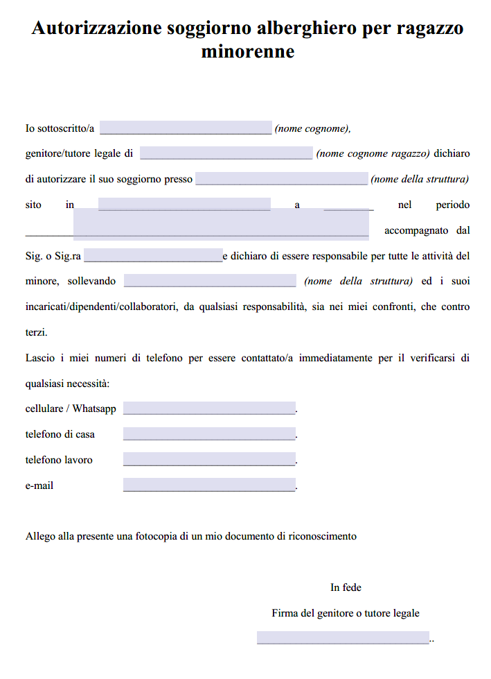 Modulo Delega Minorenni in Hotel