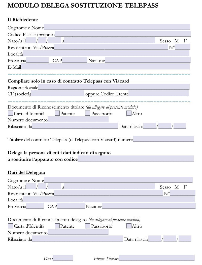 Modulo Delega Sostituzione Telepass