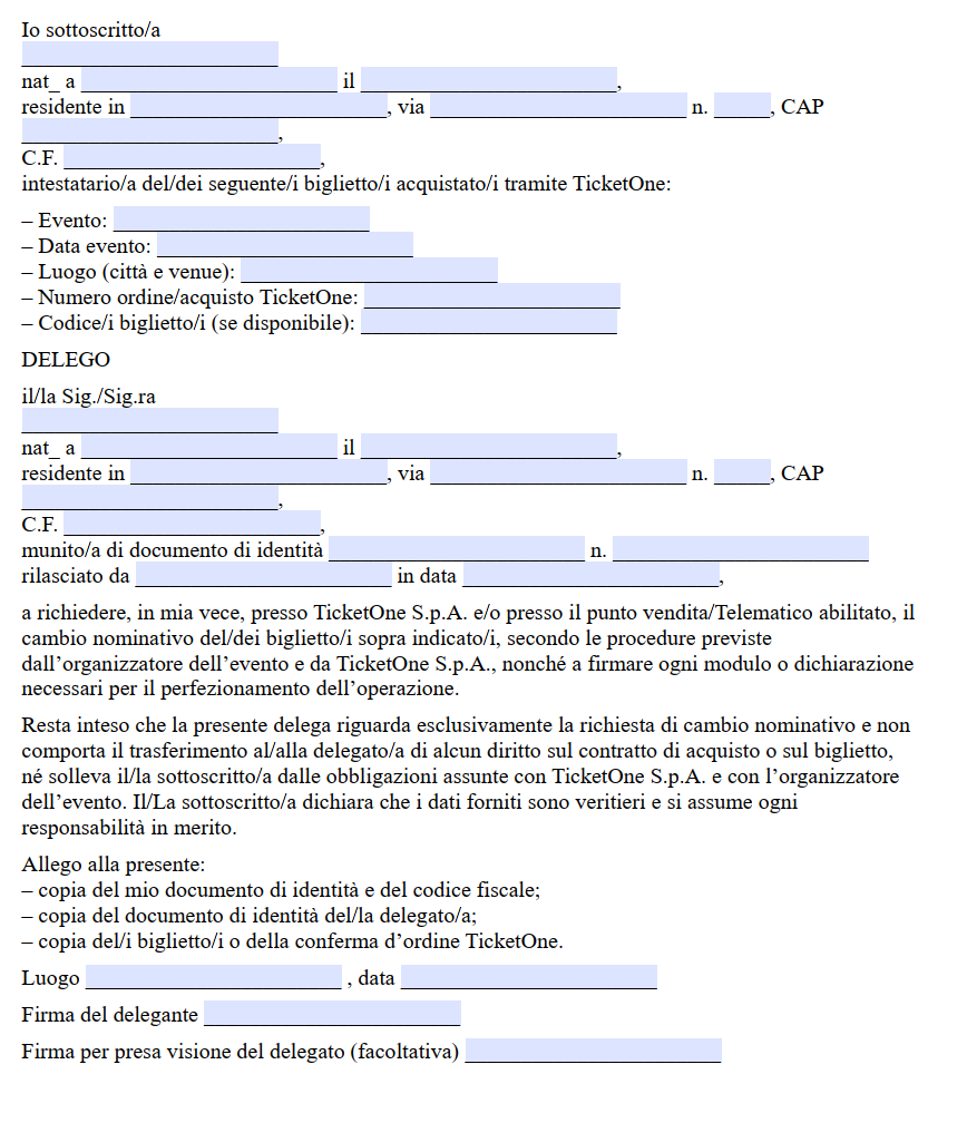 Delega Cambio Nominativo Biglietto TicketOne
