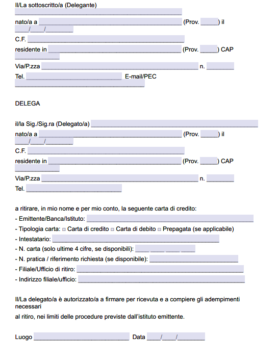Modello Delega per Ritiro Carta di Credito